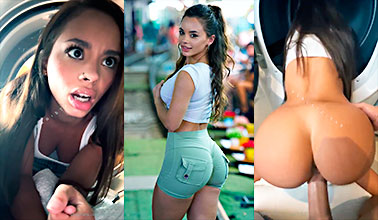 Jazmyn atrapada en la lavadora y su amigo se lo mete duro
