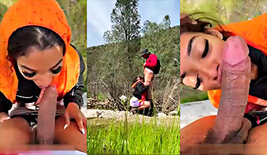 No soporto las ganas y ella se traga esa polla gruesa en el bosque