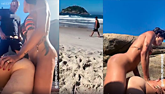 shemale Roberta Cortes fucks 2 queers on the seashore